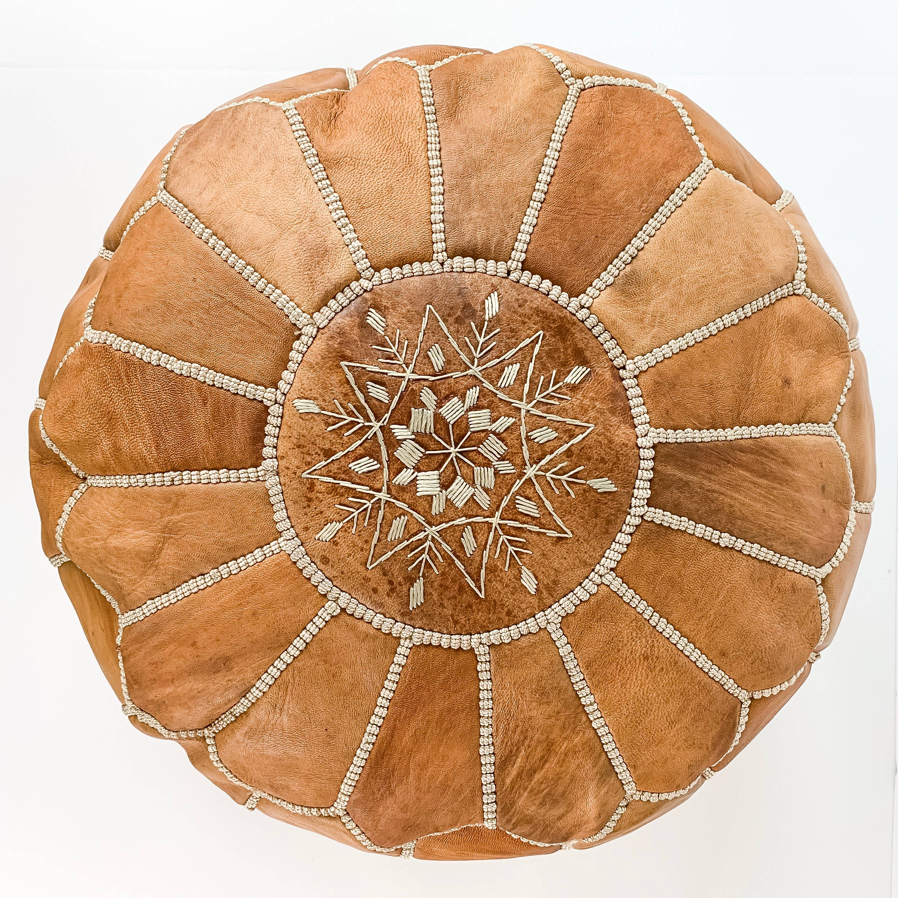 Pouf rond en cuir marocain couleur caramel