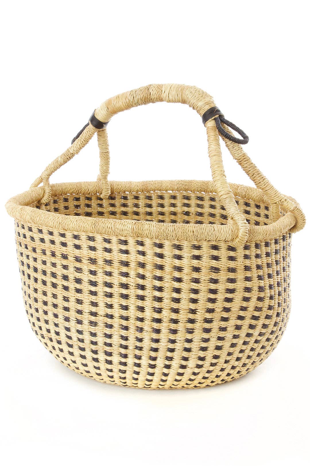 GHANA: Panier Bolga à carreaux bleu nuit et naturel