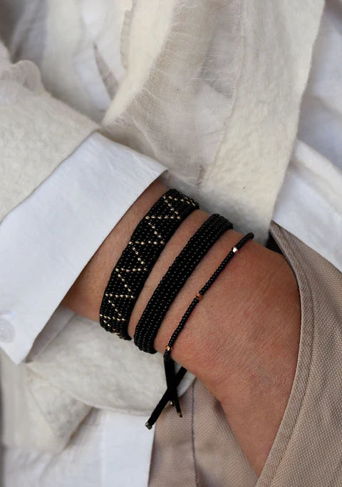 Bracelet en cuir ajustable à motif zigzag – NOIR/OR- Tanzanie