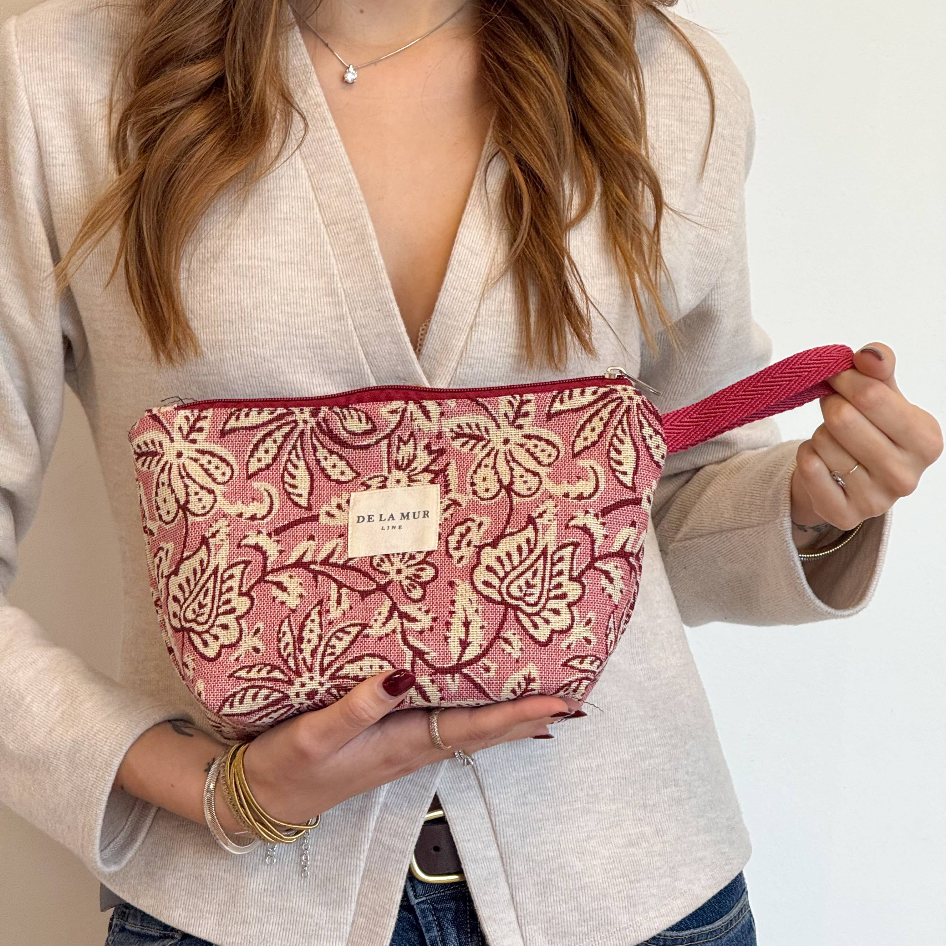 Grande trousse de maquillage floral rose et écru