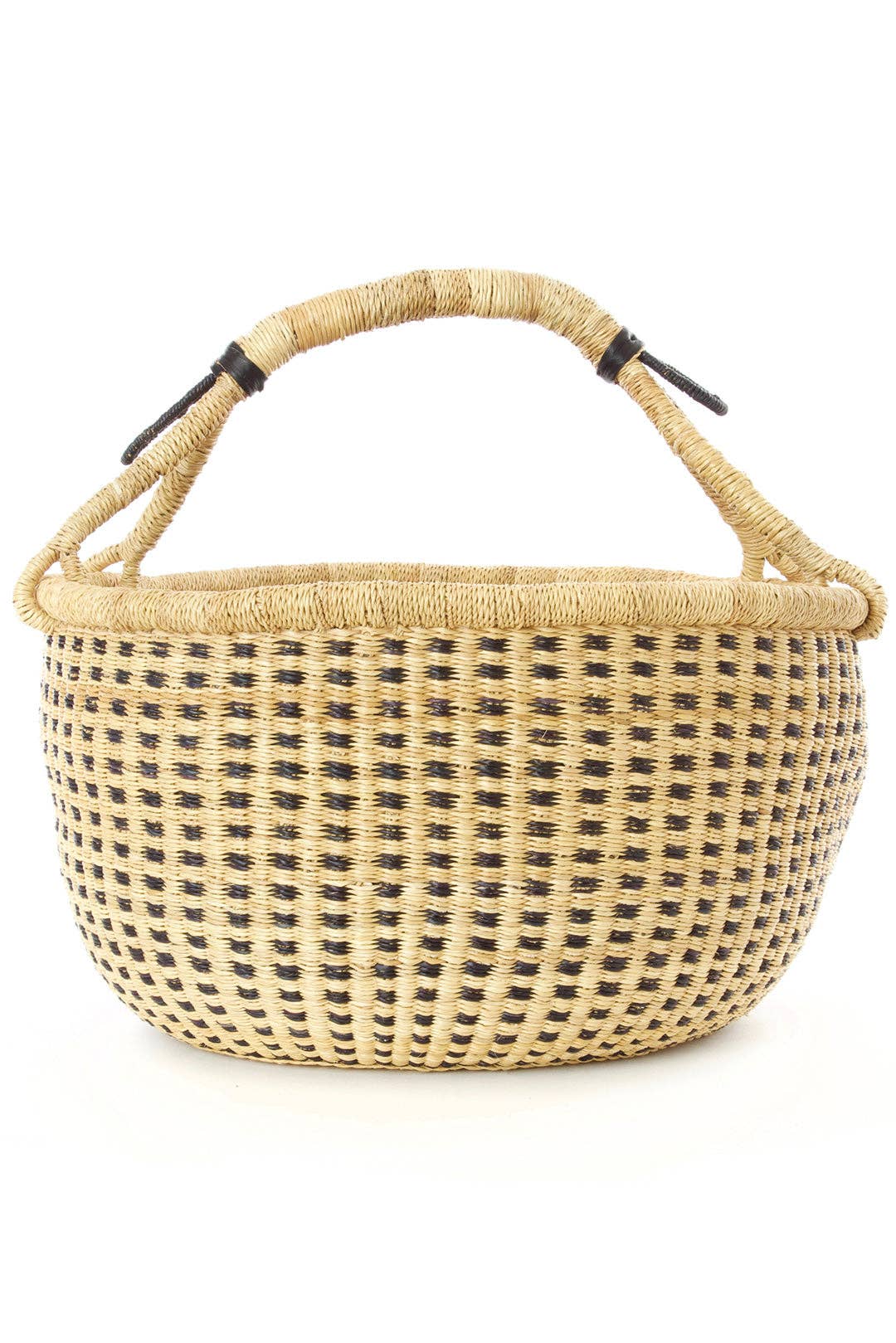 GHANA: Panier Bolga à carreaux bleu nuit et naturel