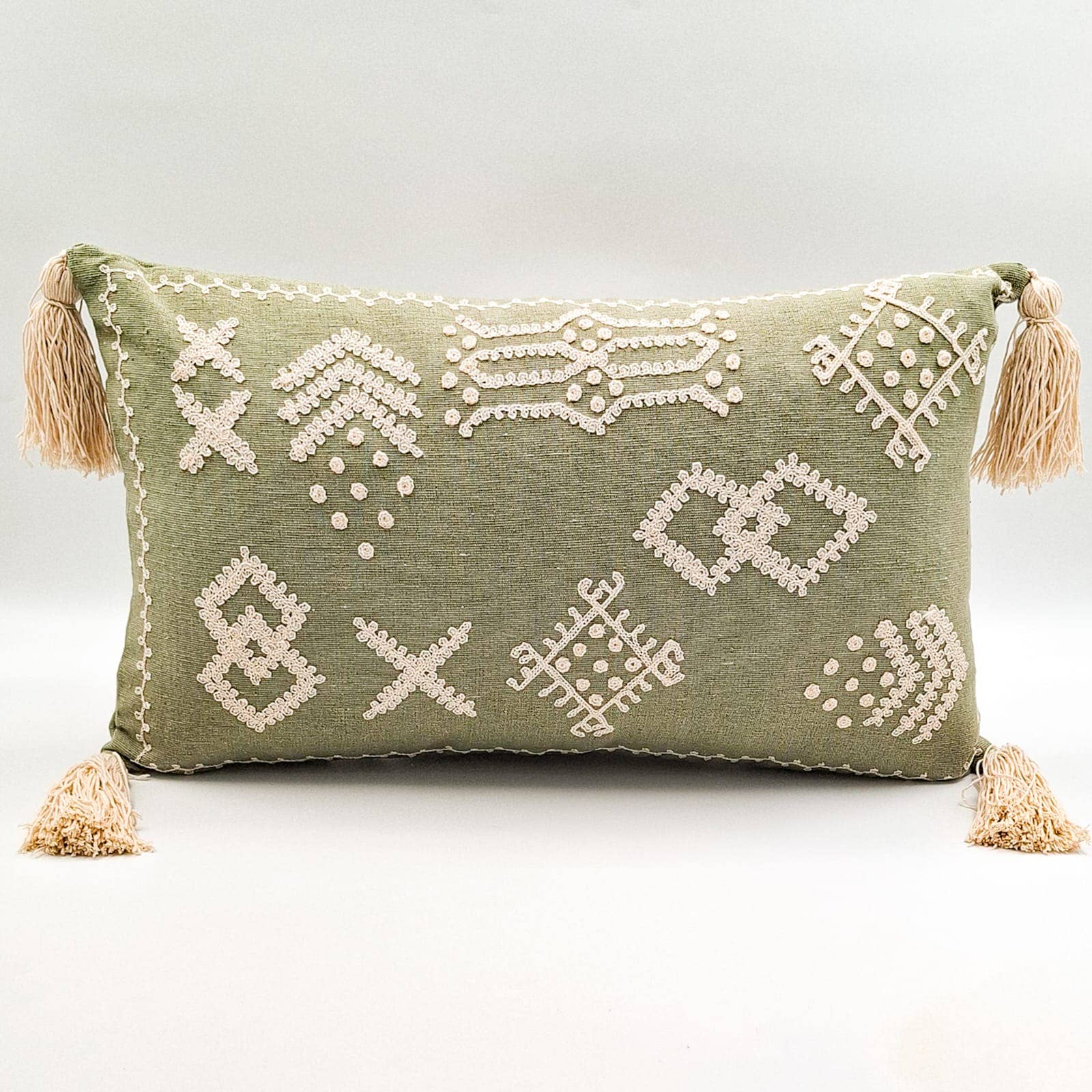 Housse de coussin Broderie Tribale Vert Doux de Bali