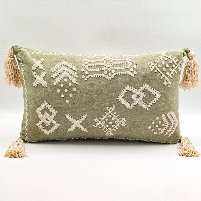 Housse de coussin Broderie Tribale Vert Doux