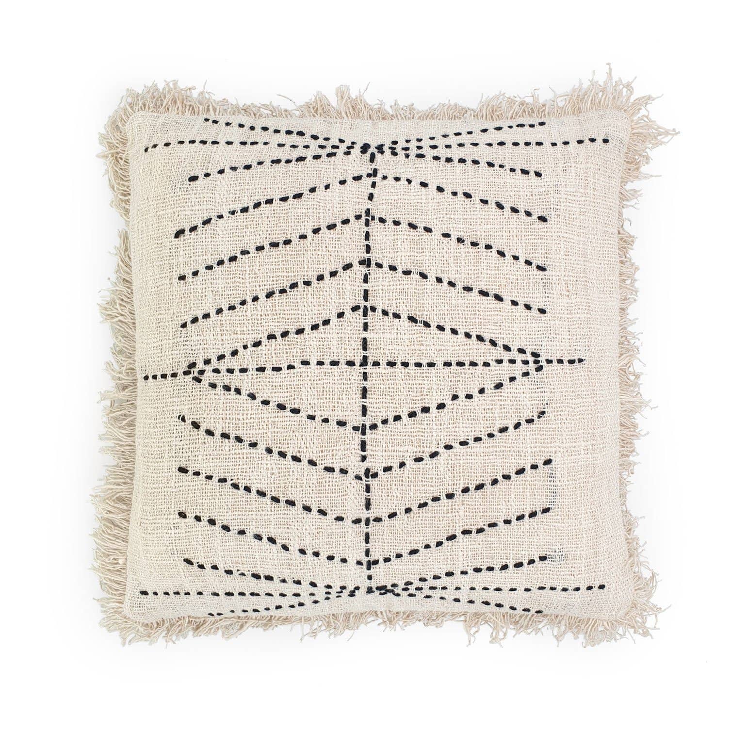 Housse de coussin en coton brodé blanc avec franges de Bali