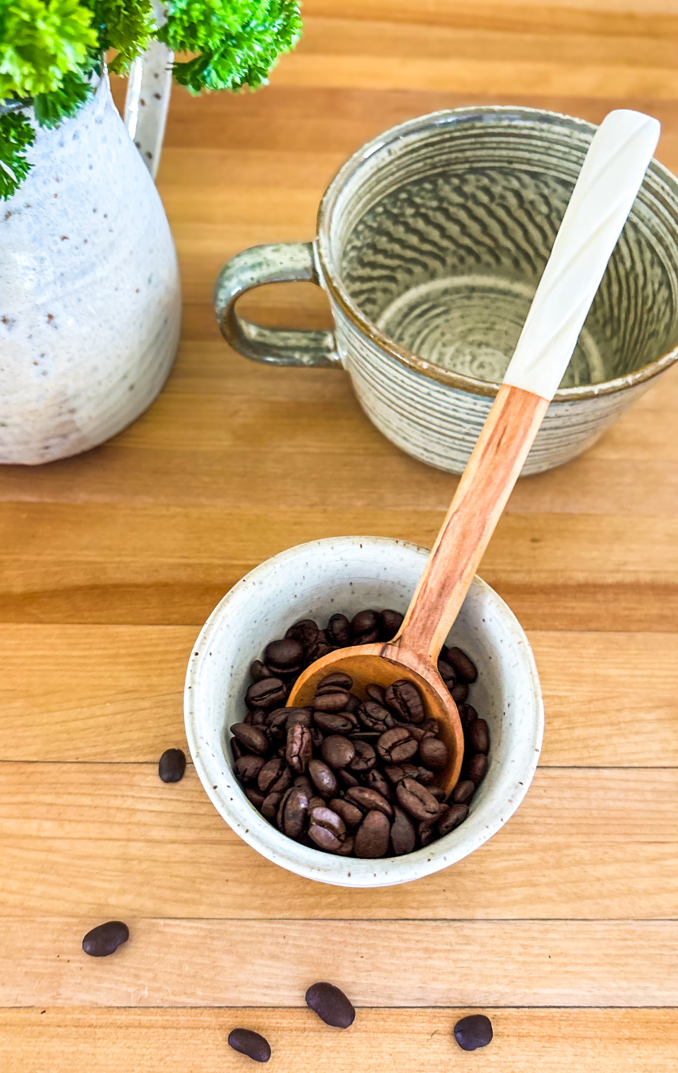 Cuillère à café africaine en bois d'olive sauvage avec poignée en spirale