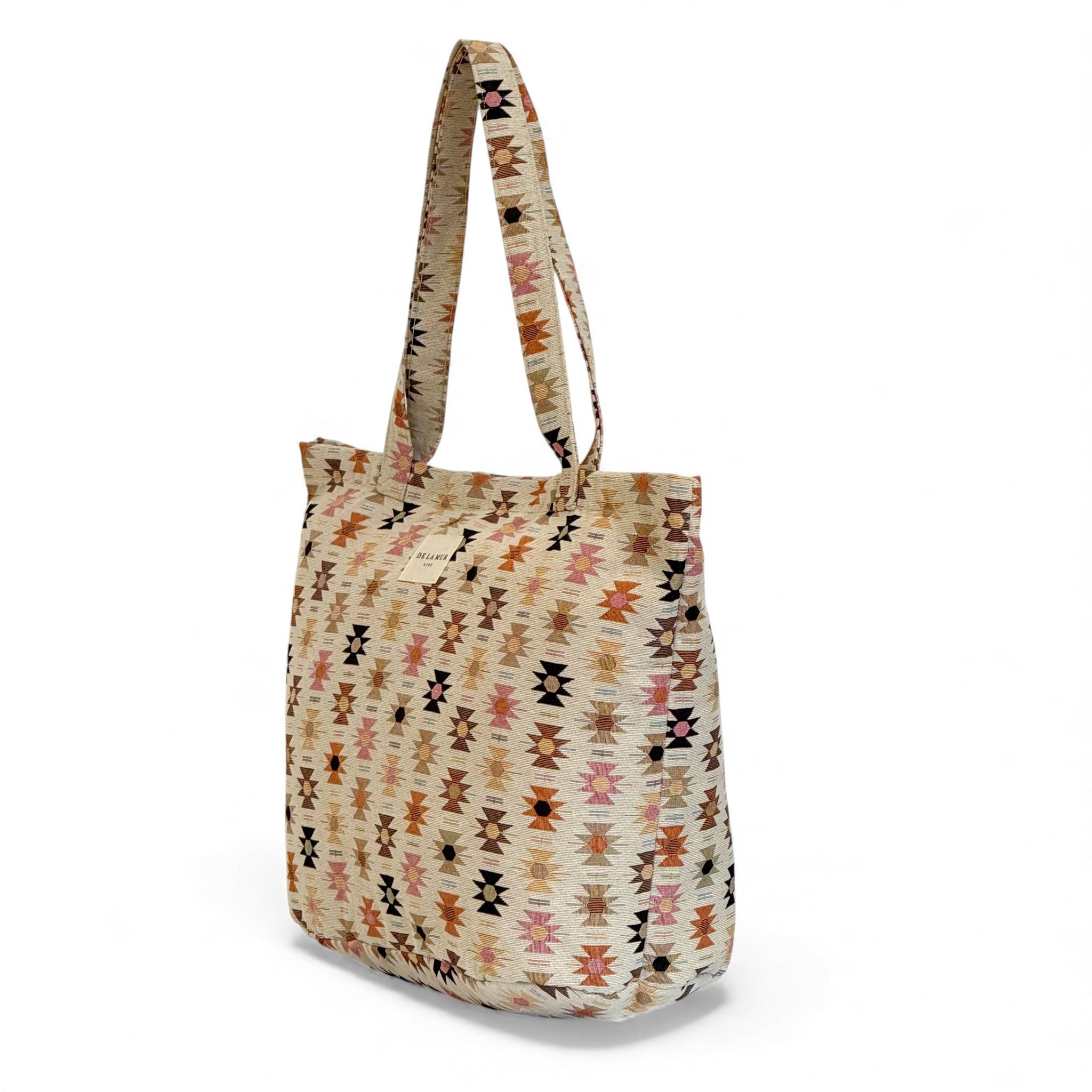 Grand Sac à Fermeture Éclair beige à motifs géométriques