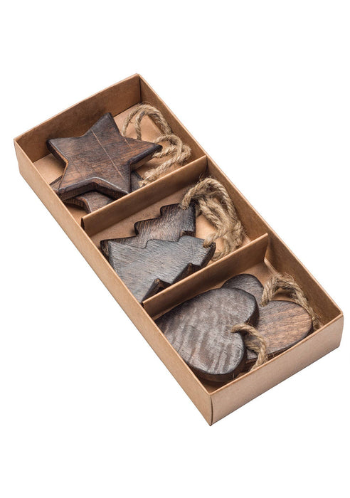 Ensemble de 6 décorations en bois, arbre/cœur/étoile