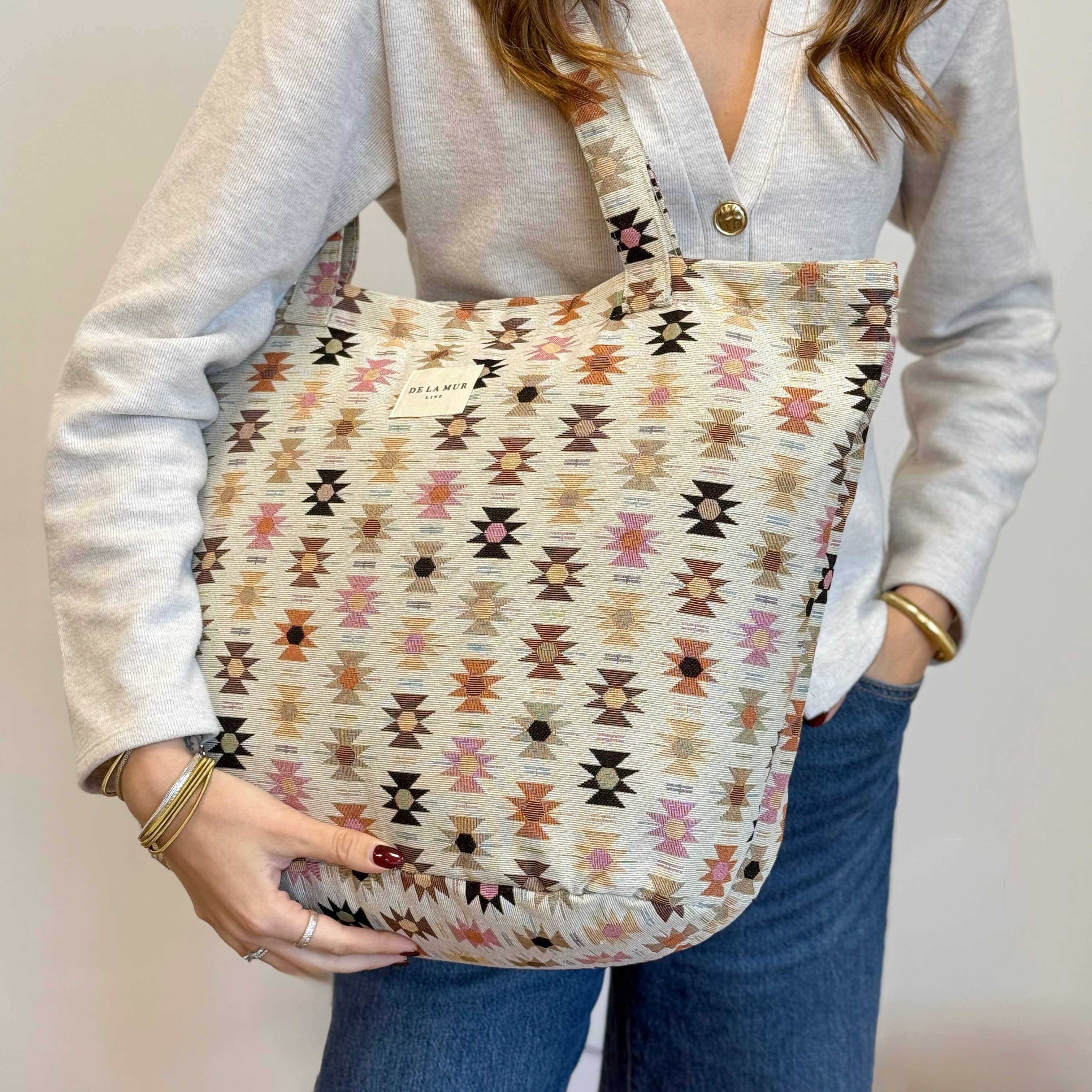 Grand Sac à Fermeture Éclair beige à motifs géométriques
