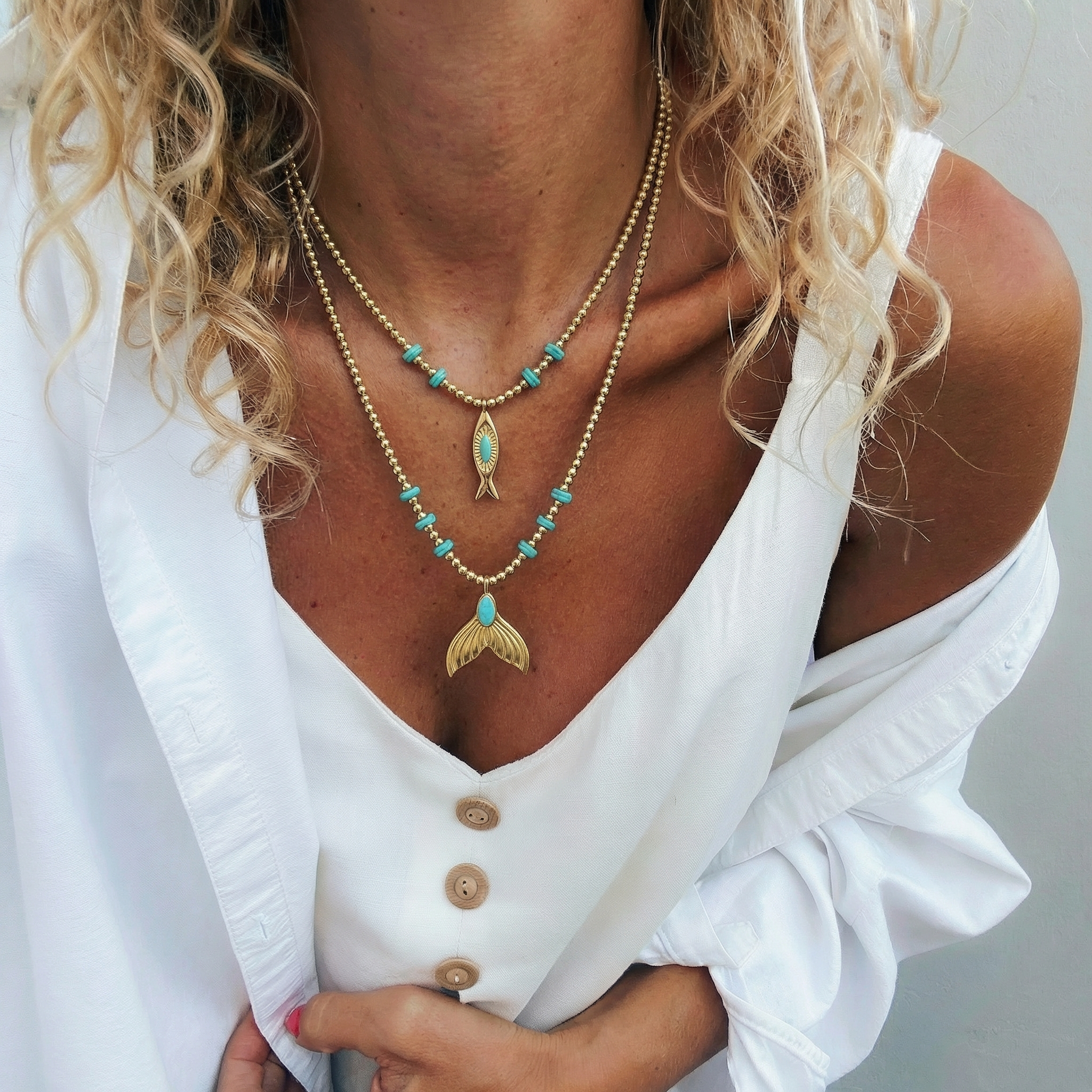 Collier Double Brin Doré Hématite et d'accents turquoises- de Grèce
