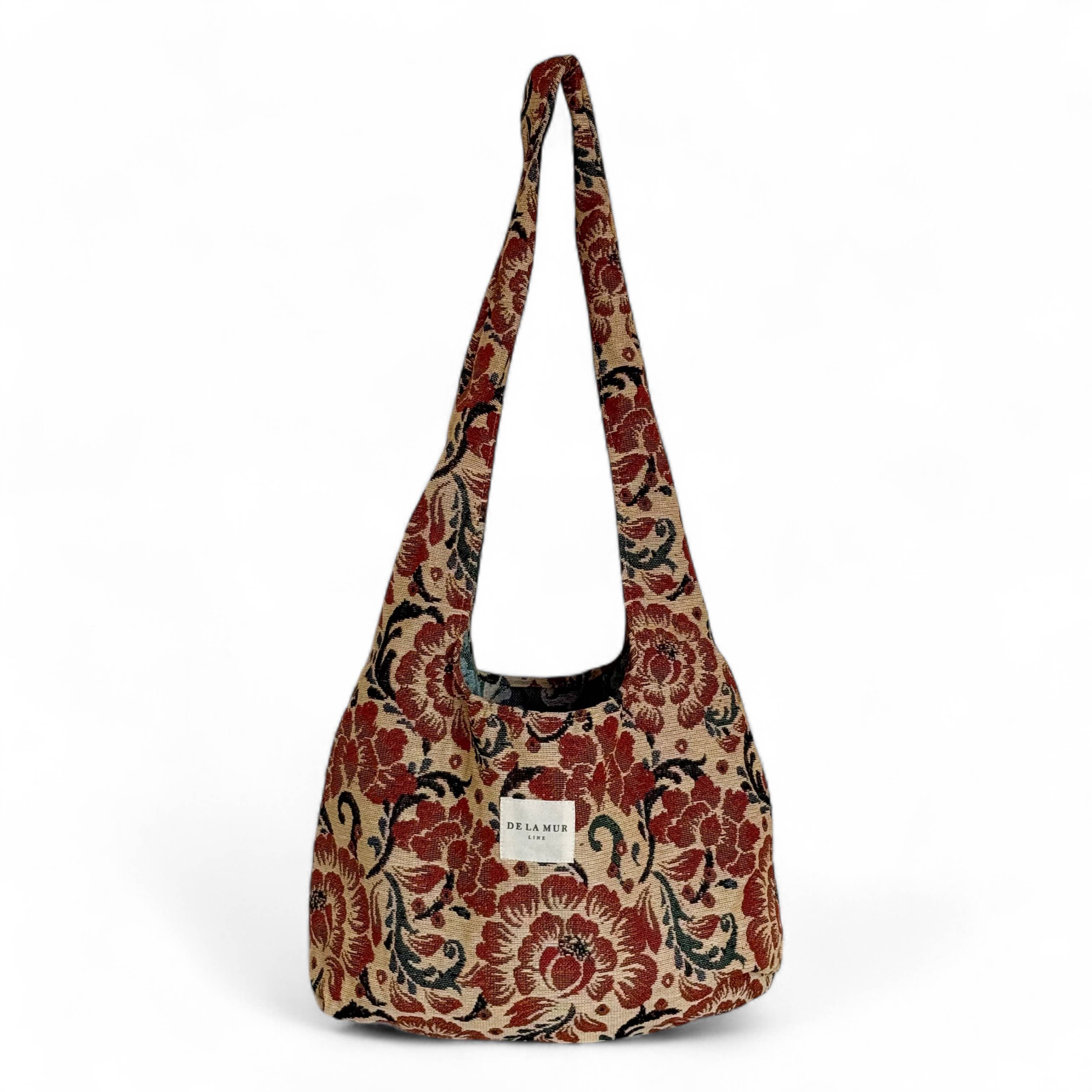 Sac ovale motif floral rouge et beige d'Espagne