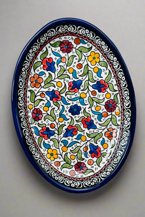 Oval Side Dishes | Small & Large – Hand-Painted Palestinian Ceramic | Multicolor & Navy