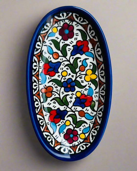 Oval Side Dishes | Small & Large – Hand-Painted Palestinian Ceramic | Multicolor & Navy