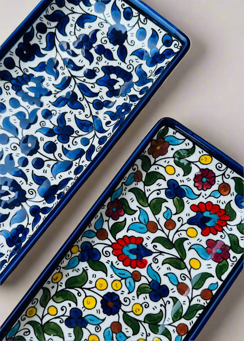 Serving Dishes | Round & Rectangular – Hand-Painted Palestinian Ceramic | Multicolor & Navy