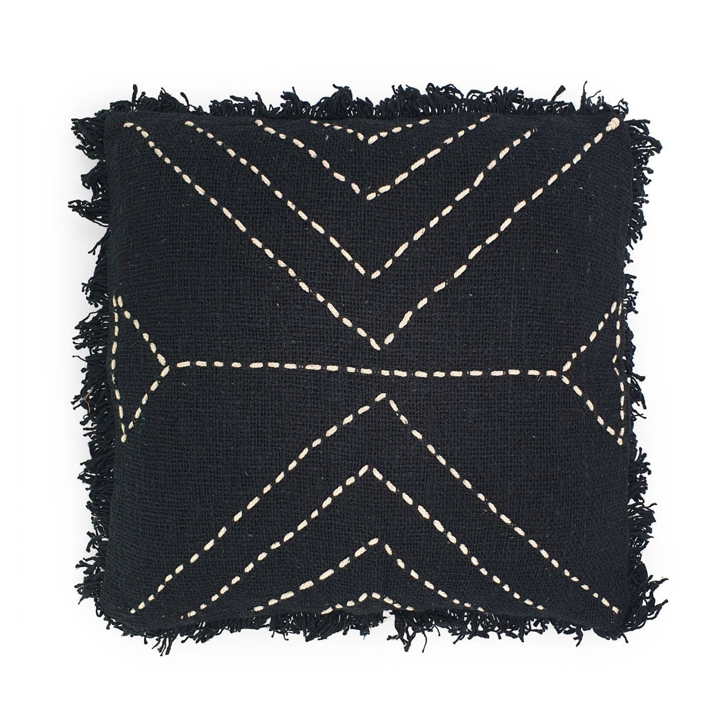 Housse de coussin en coton brodé noir avec franges de Bali