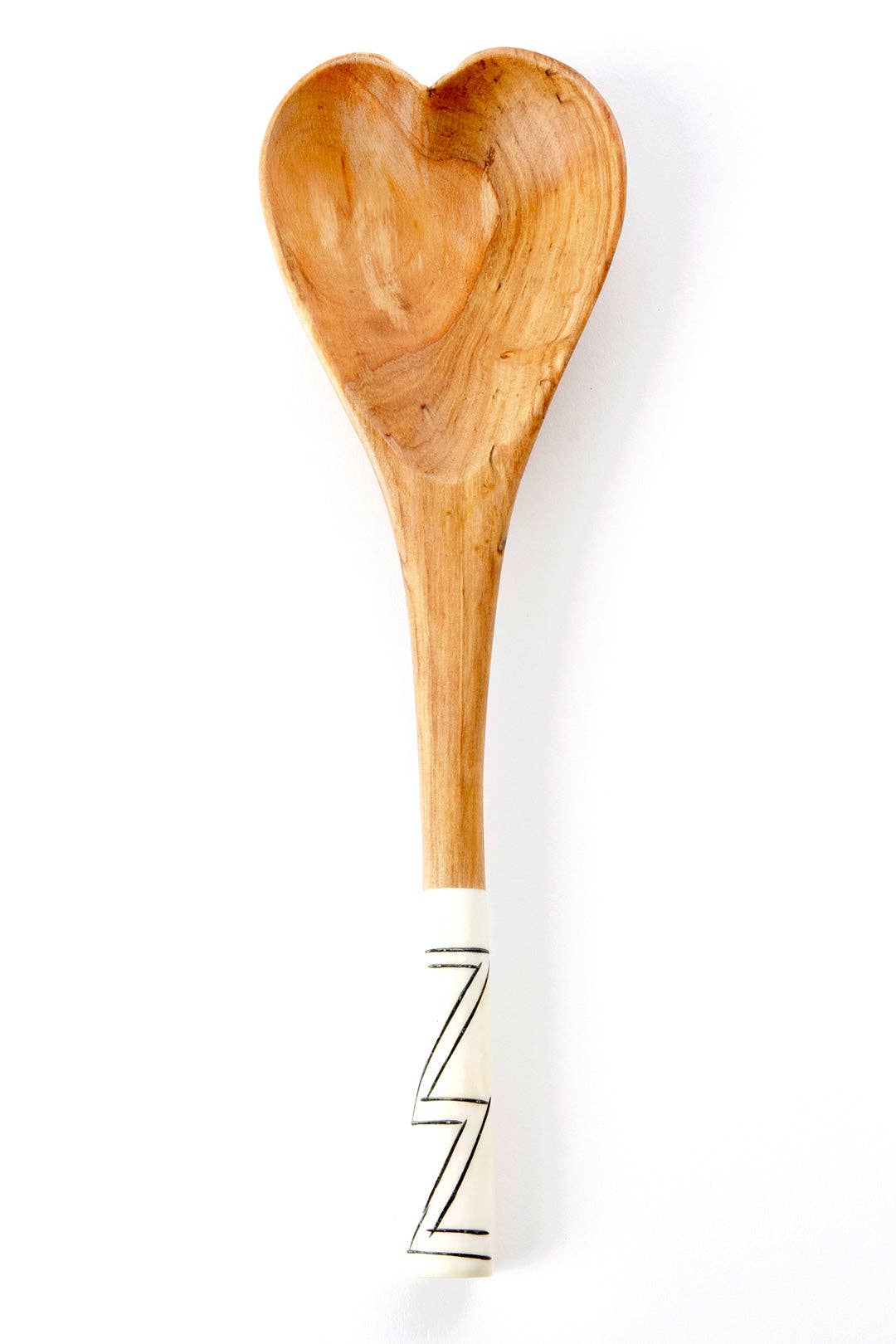 Cuillère de cuisson cœur en bois d'olivier sauvage avec poignée zigzag d'Afrique
